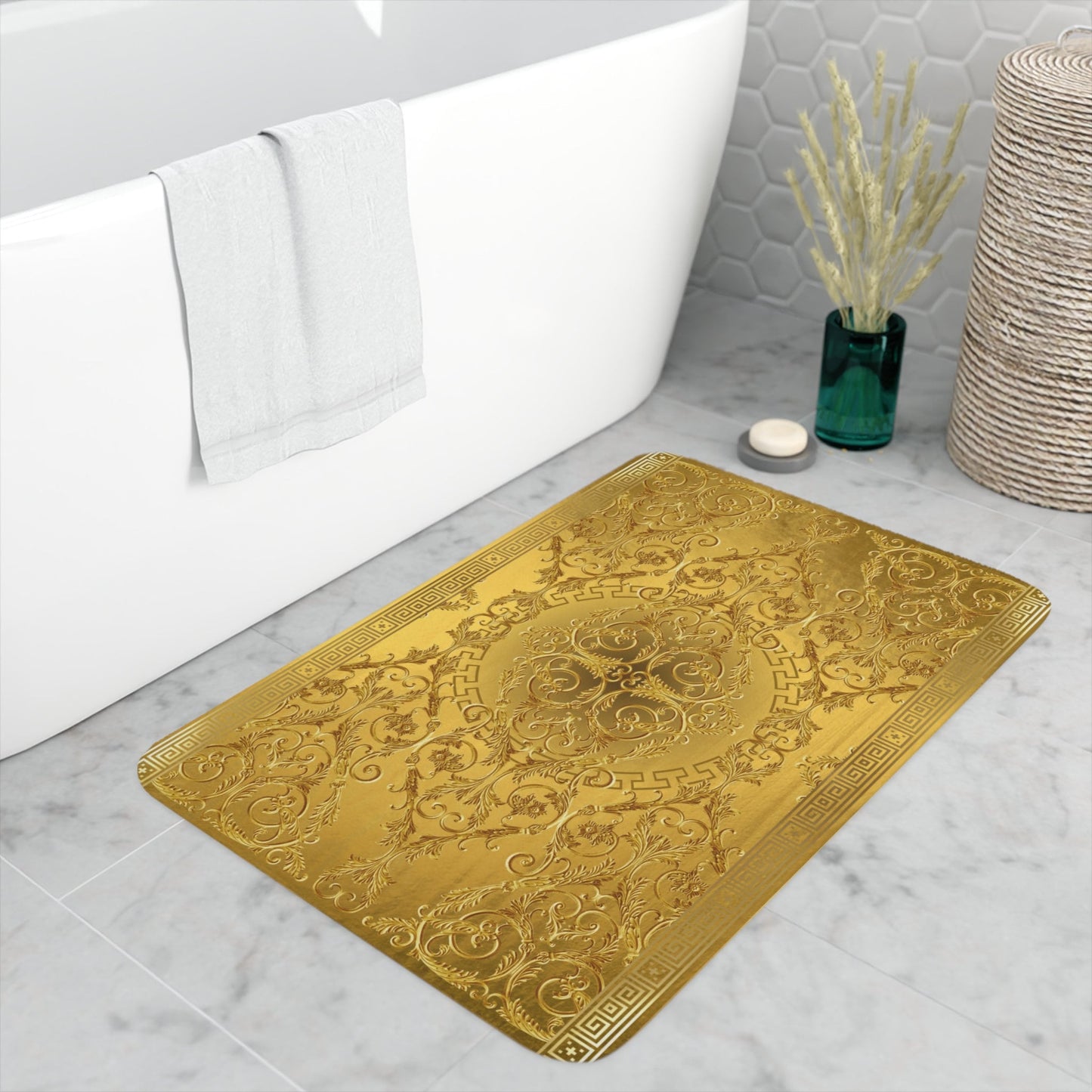 Gold Greek Key Baroque Memory Foam Bath Mat